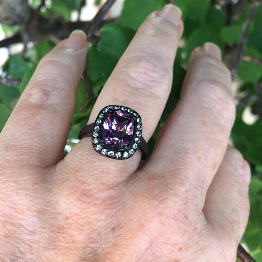 Stainless Steel Amethyst black ion plating AAA CZ Ring Size 8
